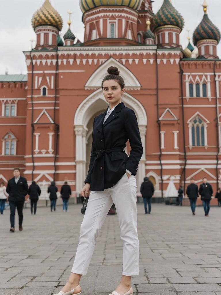 her name is Amelie, high quality, 1girl, ((20-year-old fit Caucasian woman)), ((20 years old)), ((fit)), ((Half-Up Bun dark hair)), pose: Generation-Z poses, wearing stylish fashionable Generation-Z modern wear colored, BACKGROUND:At Red Square, with the iconic St. Basil's Cathedral, Lenin's Mausoleum, and the Kremlin walls