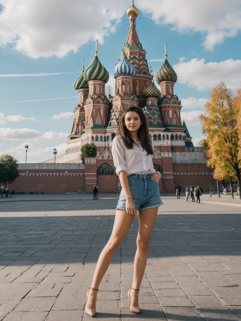 her name is Amelie, high quality, 1girl, ((20-year-old fit Caucasian woman)), ((20 years old)), ((fit)), ((Half-Up Bun dark hair)), pose: Generation-Z poses, wearing stylish fashionable Generation-Z modern wear colored, BACKGROUND:At Red Square, with the iconic St. Basil's Cathedral, Lenin's Mausoleum, and the Kremlin walls