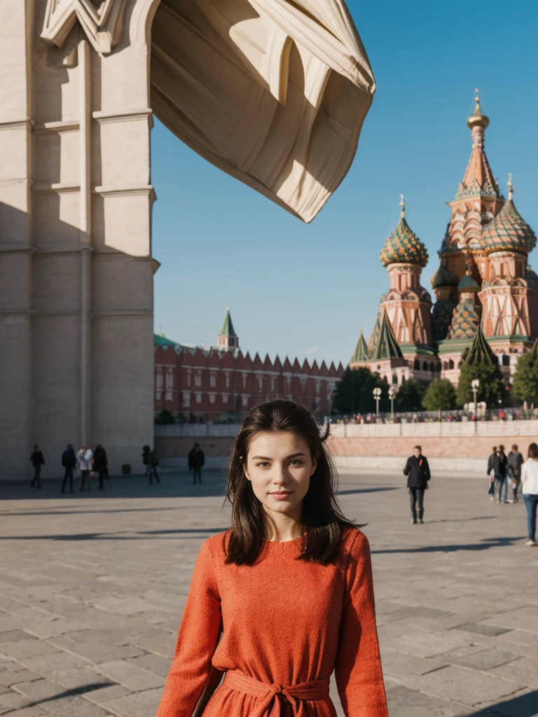 her name is Amelie, high quality, 1girl, ((20-year-old fit Caucasian woman)), ((20 years old)), ((fit)), ((Half-Up Bun dark hair)), pose: Generation-Z poses, wearing stylish fashionable Generation-Z modern wear colored, BACKGROUND:At Red Square, with the iconic St. Basil's Cathedral, Lenin's Mausoleum, and the Kremlin walls