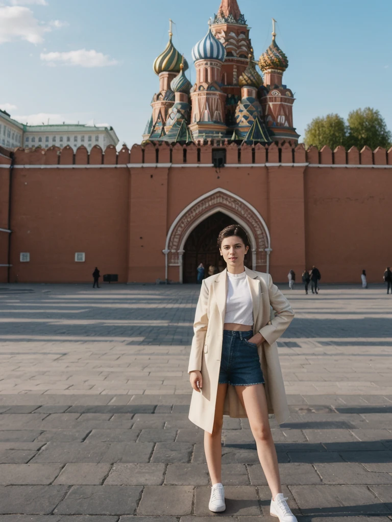 her name is Amelie, high quality, 1girl, ((20-year-old fit Caucasian woman)), ((20 years old)), ((fit)), ((Half-Up Bun dark hair)), pose: Generation-Z poses, wearing stylish fashionable Generation-Z modern wear colored, BACKGROUND:At Red Square, with the iconic St. Basil's Cathedral, Lenin's Mausoleum, and the Kremlin walls