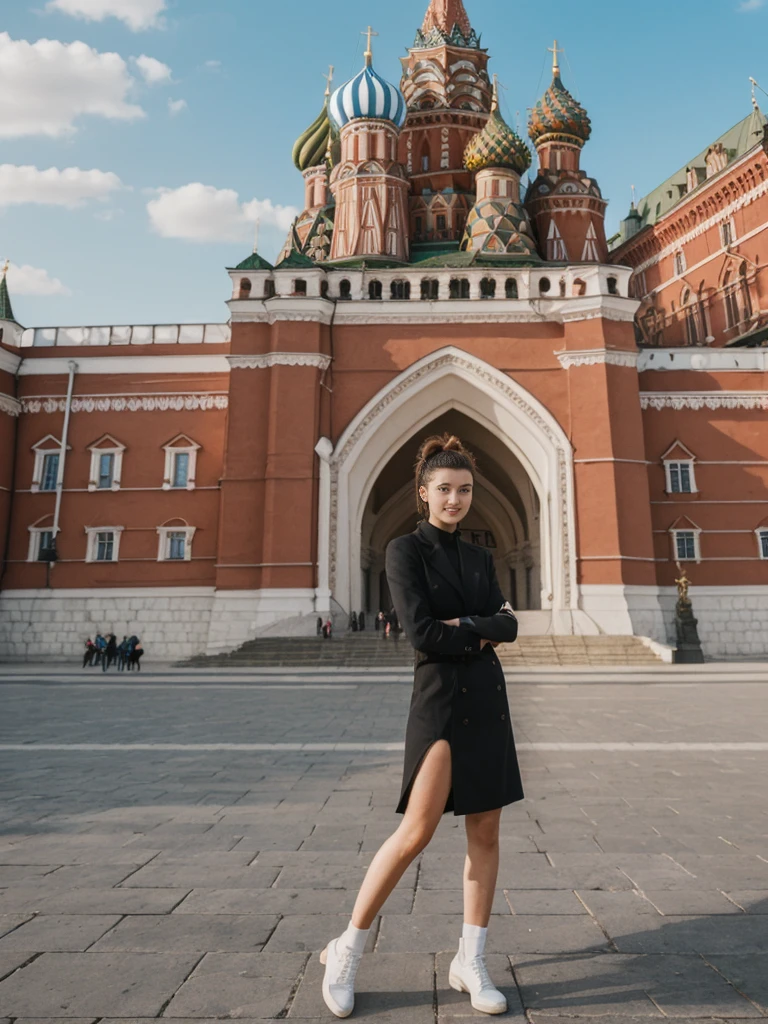 her name is Amelie, high quality, 1girl, ((20-year-old fit Caucasian woman)), ((20 years old)), ((fit)), ((Half-Up Bun dark hair)), pose: Generation-Z poses, wearing stylish fashionable Generation-Z modern wear colored, BACKGROUND:At Red Square, with the iconic St. Basil's Cathedral, Lenin's Mausoleum, and the Kremlin walls
