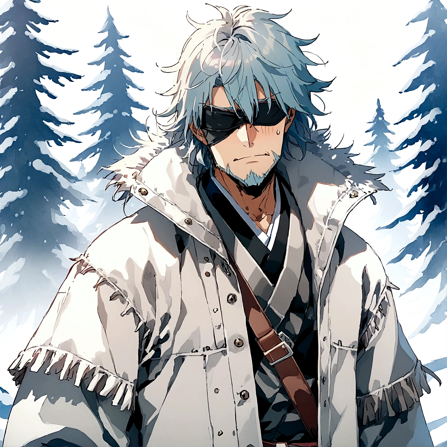 Anime man, beard, black blindfold, white messy hair, white samurai straw hat, white kimono, white long scarf, baggy thick sleeves, cool, best quality, cold hearted face expression