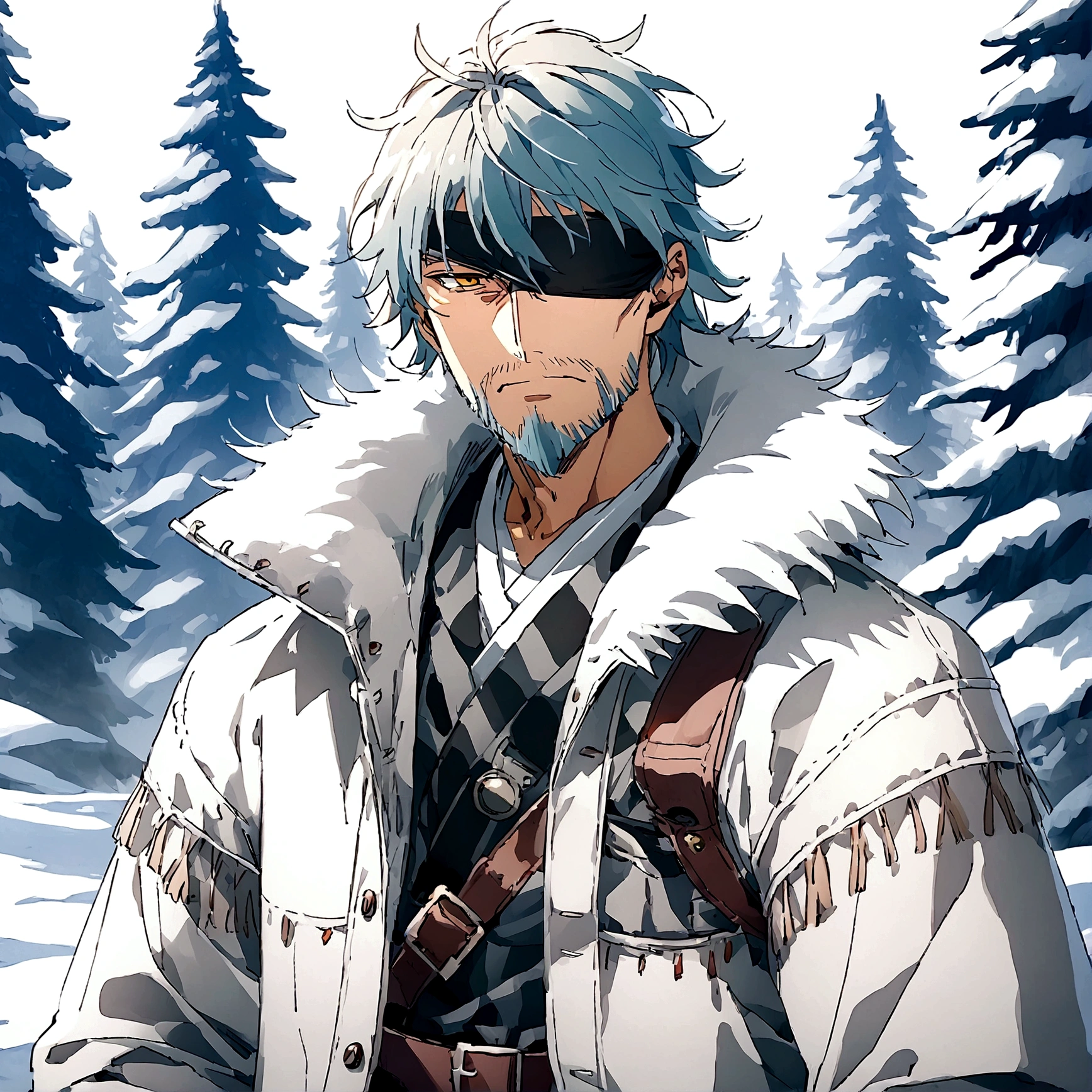 Anime man, beard, black blindfold, white messy hair, white samurai straw hat, white kimono, white long scarf, baggy thick sleeves, cool, best quality, cold hearted face expression