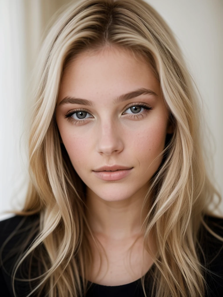 Le portrait réaliste d'une jeune fille de 22 ans.
Elle a des long cheveux blonds.
Elle est belle et possède des lèvres pulpeuses.