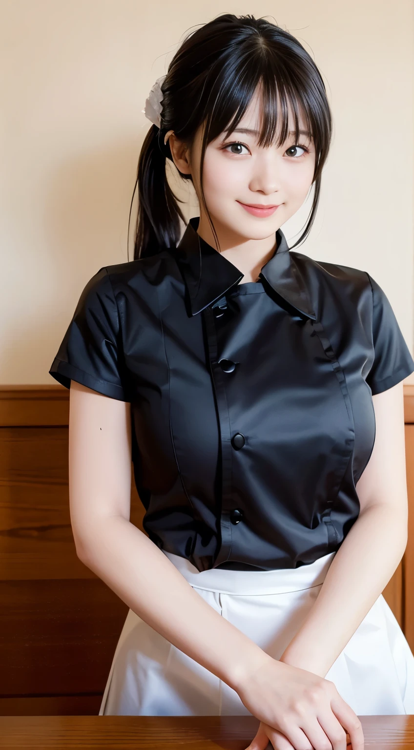 (Highest quality,masterpiece:1.3,Ultra-high resolution,),(Very detailed,Caustics),(Realistic:1.4,RAW shooting,)Ultra-Realistic Capture,Very detailed,High resolution 16k human skin closeup。 Natural skin texture、,pores、、、、It must be detailed enough to be easily identifiable。 Skin tone is even and healthy looking。 Use natural light and color,restaurant,Waitress Uniform,1 girl,Japanese,18-year-old,cute,Black-haired,ponytail,Big Breasts,smile,Turn your body forward,(Front view:1.1),Looking into the camera,Cowboy Shot,