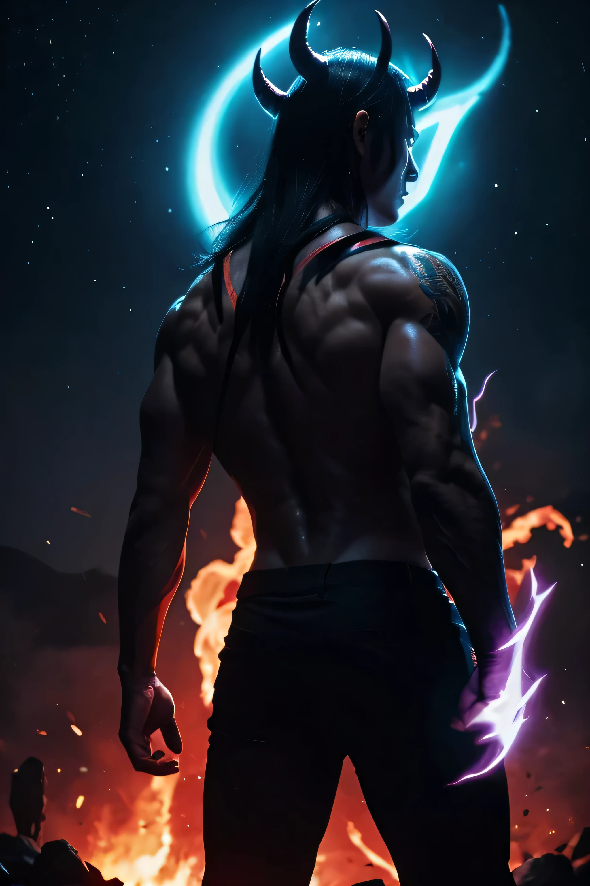 Demon god, man, strong aura, black, back view, background is night city
