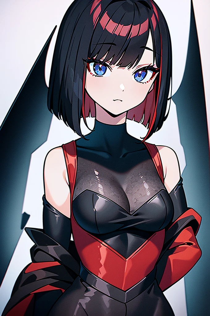 a beautiful girl with red hair wearing a black dress, detailed facial features, bob haircut, full body illustration, woman wearing a long black and red coat, solo character, white background, anime style, highly detailed, photorealistic, 8k, best quality, masterpiece, blue eyes, short hair