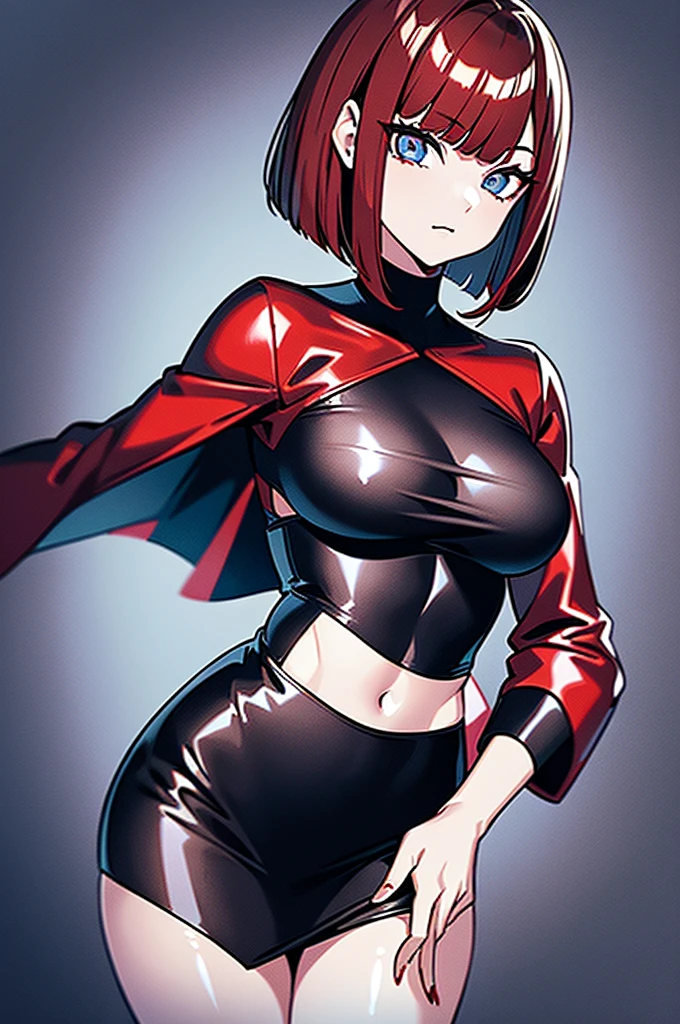 a beautiful girl with red hair wearing a black dress, detailed facial features, bob haircut, full body illustration, woman wearing a long black and red coat, solo character, white background, anime style, highly detailed, photorealistic, 8k, best quality, masterpiece, blue eyes, short hair