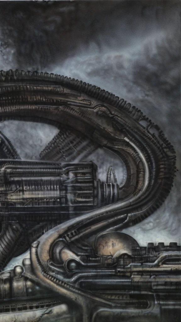 The image is a detailed view of H.R. Giger's biomechanical tableau \" Landscape XVI \" plate, featuring.
(airbrush painting, Giger's alien in front of broken alien ship in landscape, natural light, sharp focus, illustration, highly detailed, digital painting, concept art, matte, art by gric and kozhanov and moebius and Alphonse Mucha, masterpiece, HDR ,UHD , uplight, in HRGigerArhP style);1.
surrealistic painting of a monster with multiple tentacles and a body that looks like a brain, surrounded by a chaotic scene of swirling clouds and other monsters
 It's a complex network of bones and organs in eldritch color scheme:a greenish-brown hue ,swirling gery and brown colors. The artwork is silverish and green brown, with an ivory bones prominently displayed. The image is highly detailed and intricate, almost like a 3d version of a medical sketchwork.   
The piece is a tableau, most likely created with a India ink pen or pencil on paper, determined by the thin lines, shading techniques, and the texture of the paper, which is visible around the edges.
Used is pen, given the shading and variations in line weight visible in the image. Artist have used a variety of stylus with different degrees of hardness to achieve the shading effects.
 The use of undersaturated green-grays dark contrasts creates a stark and graphic look. Is used a variety of linework techniques to create different textures. Fine, parallel lines create a smooth, metallic texture,while thicker, more cursive lines suggest cables or wires.
Light source from the top highlights skeletals, pper part of foreground, lower part of image is in shadowupper part of foreground, lower part of image is in shadow.
The art performance showcases the artist’s skills in observation and rendering. The level of detail in the piece suggests a close study of real bone specimens and mechanics. The artist has skillfully used shading techniques to create a convincing illusion of three-dimensionality on a flat surface. The wrinkles 