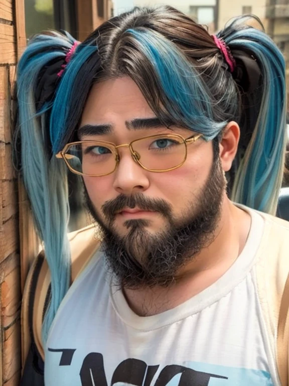 Glasses, beard, Brown eyes, Fat, 1 boy, Fashion Model, ((Twin tails)), (long hair), (Cowboy Shot), ((Light blue hair)), Black T-shirt