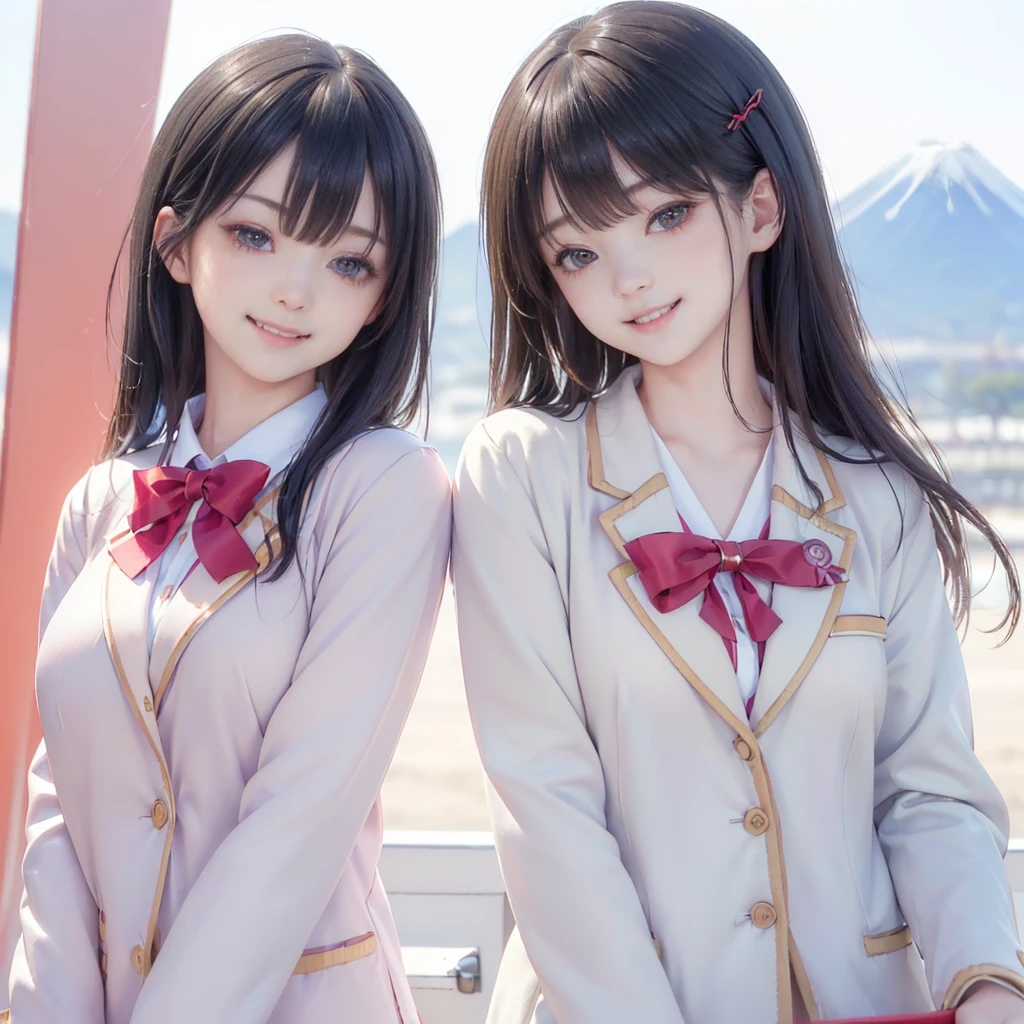 ((8K, RAW Photos, Highest quality, masterpiece), High-resolution RAW color photos、
Professional close-up photography, (Realistic, Photorealism: 1.37),
(Highest quality), (Best Shadow), (Best illustrations),(Facing forward:1.3)
best quality, masterpiece,
New Year,
Three Japanese high-school cute girls, looking straight,
(gently smiling:1.5),
(Japanese-high-school-blazer-uniform:1.5),
Reddish bow tie, with a school bag,
((too much smile)), very cute, face, head and waist fully visible, (soft eyes:1.2)
upper arms hidden by clothes and hair,(innocent and pure high-school-girls:1.5)
,(The image shows only the upper body:1.7),
(separately side by side:1.4),
(The image shows only the upper body:1.7),
shrine background,(mount Fuji:1.3),
winter(season),(outdoors:1.5)