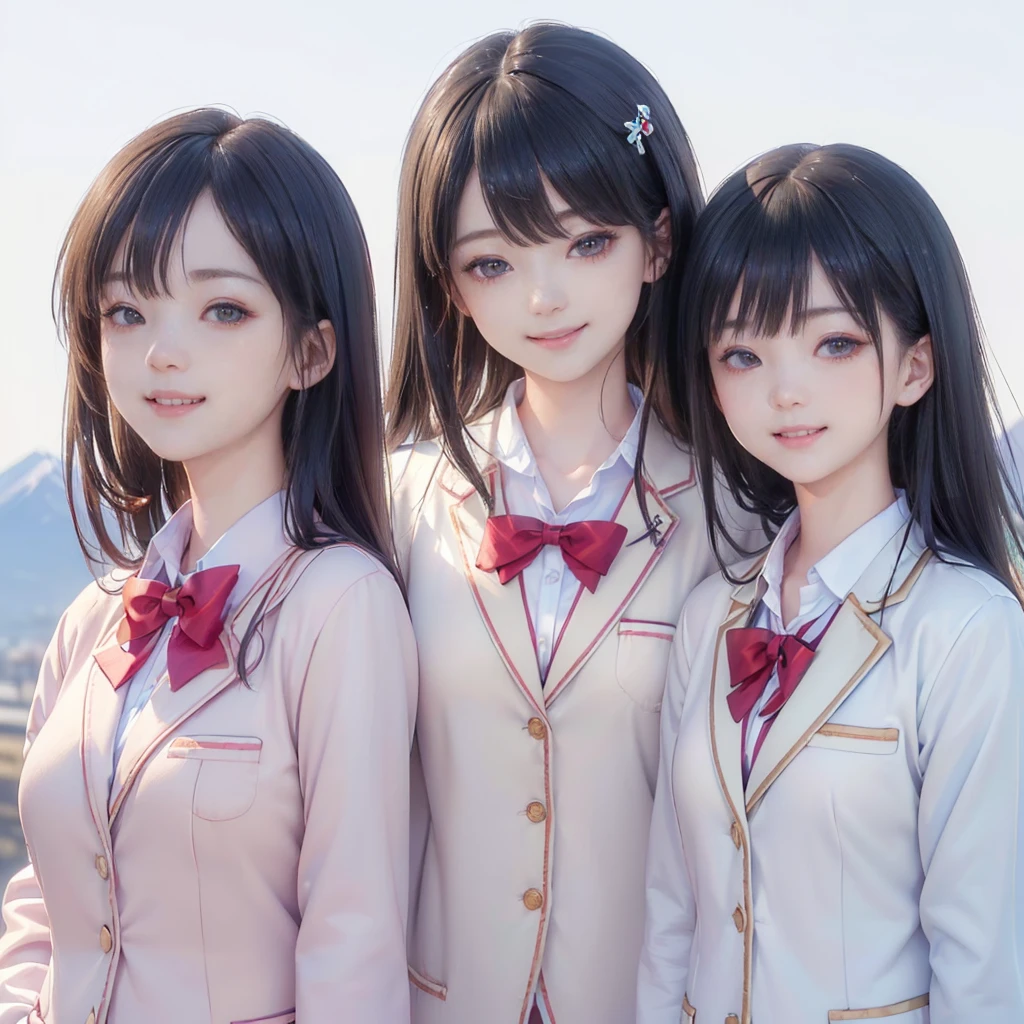((8K, RAW Photos, Highest quality, masterpiece), High-resolution RAW color photos、
Professional close-up photography, (Realistic, Photorealism: 1.37),
(Highest quality), (Best Shadow), (Best illustrations),(Facing forward:1.3)
best quality, masterpiece,
New Year,
Three Japanese high-school cute girls, looking straight,
(gently smiling:1.5),
(Japanese-high-school-blazer-uniform:1.5),
Reddish bow tie, with a school bag,
((too much smile)), very cute, face, head and waist fully visible, (soft eyes:1.2)
upper arms hidden by clothes and hair,(innocent and pure high-school-girls:1.5)
,(The image shows only the upper body:1.7),
(separately side by side:1.4),
(The image shows only the upper body:1.7),
shrine background,(mount Fuji:1.3),
winter(season),(outdoors:1.5)