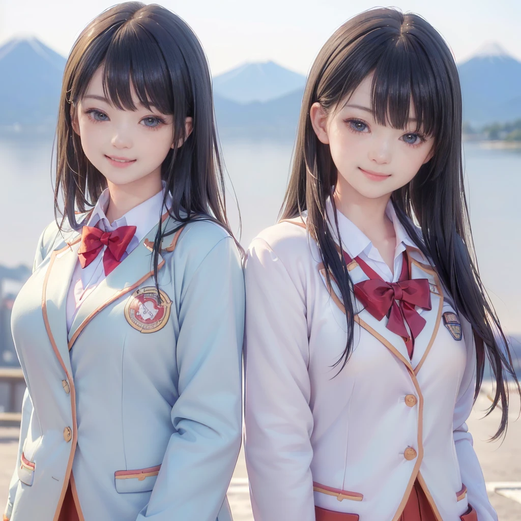 ((8K, RAW Photos, Highest quality, masterpiece), High-resolution RAW color photos、
Professional close-up photography, (Realistic, Photorealism: 1.37),
(Highest quality), (Best Shadow), (Best illustrations),(Facing forward:1.3)
best quality, masterpiece,
New Year,
Three Japanese high-school cute girls, looking straight,
(gently smiling:1.5),
(Japanese-high-school-blazer-uniform:1.5),
Reddish bow tie, with a school bag,
((too much smile)), very cute, face, head and waist fully visible, (soft eyes:1.2)
upper arms hidden by clothes and hair,(innocent and pure high-school-girls:1.5)
,(The image shows only the upper body:1.7),
(separately side by side:1.4),
(The image shows only the upper body:1.7),
shrine background,(mount Fuji:1.3),
winter(season),(outdoors:1.5)