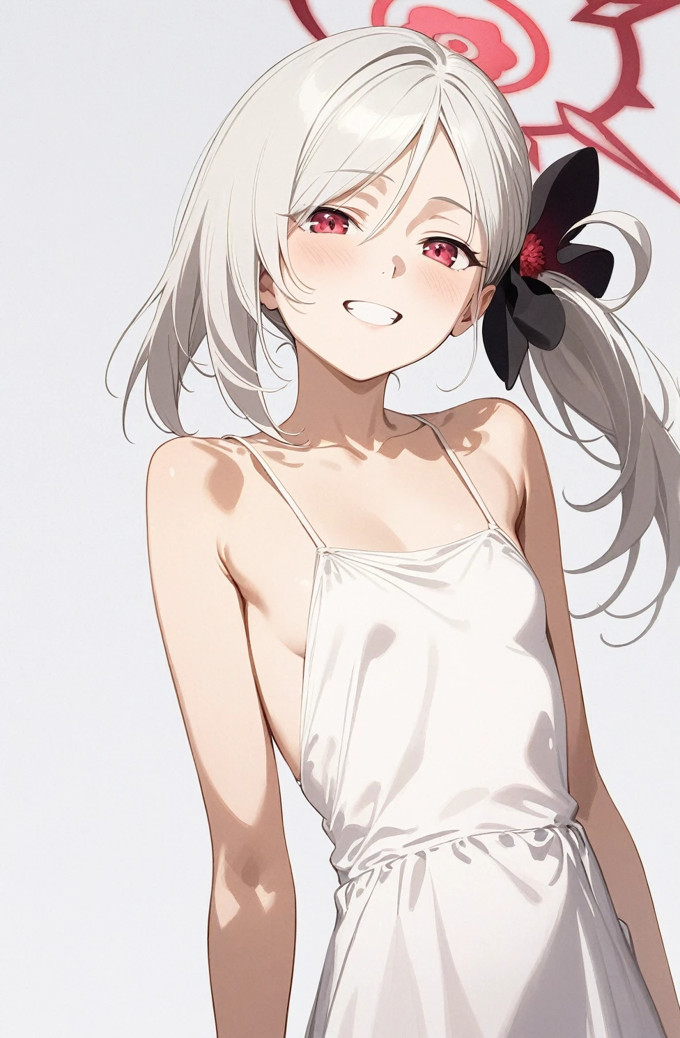 best quality, amazing quality, very aesthetic, absurdres, (1girl, mutsuki, blue archive, solo, red eyes, white hair, side ponytail), (realistic face:0.7),(long dress:2), (grin, lowleg bikini, ), nsfw,  (cowboy shot), (glowing eyes:1.1), (half closed eyes:0.9), (panties), expressive eyes, perfect face, 4k, extremely detailed anime illustration, extremely detailed eyes, perfect anatomy, light rays, extremely delicate body, smooth skin, (gray background:1.5), clear eyes, beautiful face, small breasts, (Chiaroscuro:1.5),  (highres:2), cinematic