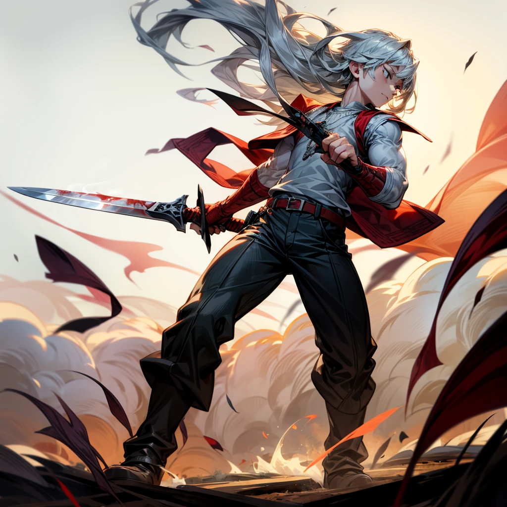 1boy, Full body version, 1character, black eyes color, milk skin, long hairstyle, monolod eyes type, silver colour hair, muscle, Farmer villager clothing style, red color clothing, black pants, white scraf, Ancient roman boots, vest armors, knife in two hand, Grassroots background in field villager, motion blur, battle gesture, lighting morning, sunlight, smoke, plasma, bloody background, fire, lighting knife 