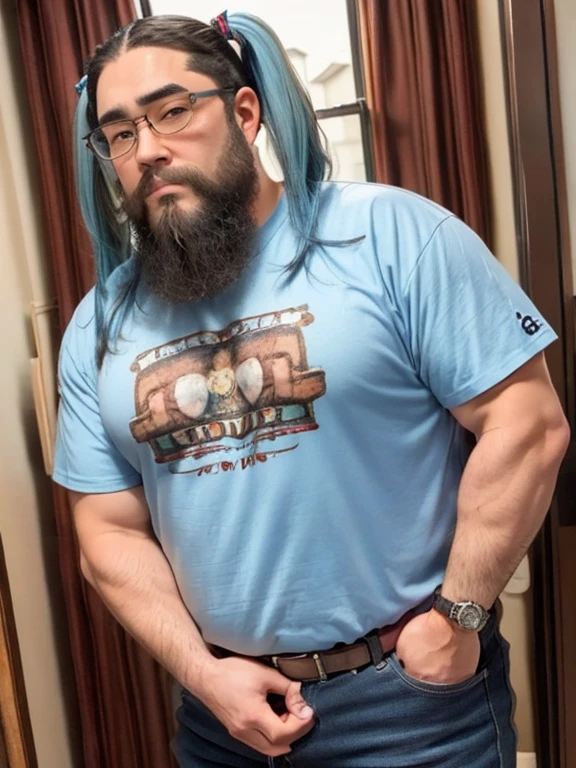Glasses, beard, Brown eyes, Fat, 1 boy, Fashion Model, ((Twin tails)), (long hair), (Cowboy Shot), ((Light blue hair)), Aloha Shirt