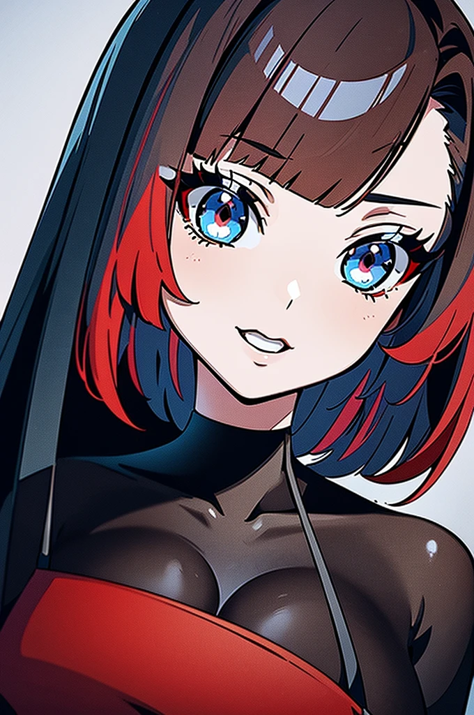 a beautiful girl with red hair wearing a black dress, detailed facial features, bob haircut, full body illustration, woman wearing a long black and red coat, solo character, white background, anime style, highly detailed, photorealistic, 8k, best quality, masterpiece, blue eyes, short hair