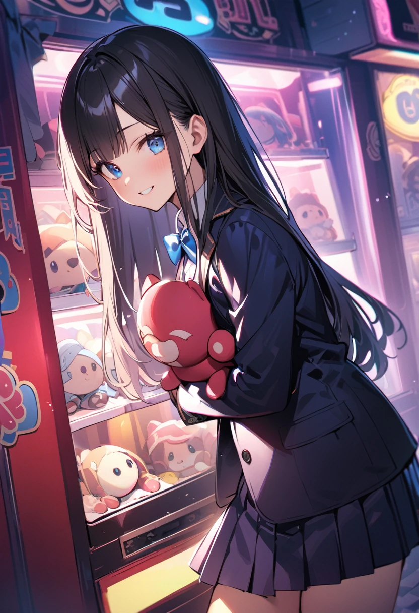 1 girl, long hair, black hair, straight hair, short bangs above brows, blue eyes, closed eyes, smile, hugging object, doll, mouth shape is ω,
BREAK (masterpiece), (high resolution 8K), cinematic lighting, professional lighting, detailed eyes and face, detailed body,
BREAK blazer, blue bowtie, pleated skirt,
BREAK indoors, background is arcade, claw machine,
