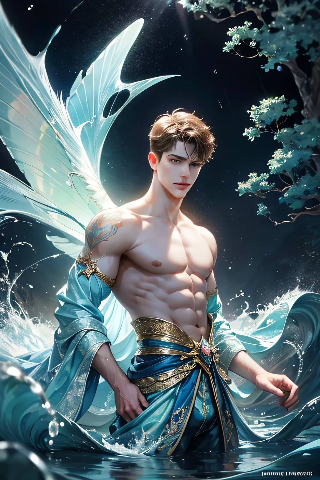 "Craft a captivating digital illustration featuring a handsome male fairy adorned with magnificent, iridescent wings reminiscent of glistening water droplets. Highlight his command over the element of water with cascading waves and gentle ripples flowing around him, evoking a sense of serene power. Incorporate a distinct water fairy symbol, emblazoned upon him, symbolizing his connection to the watery depths and mastery over aquatic forces."