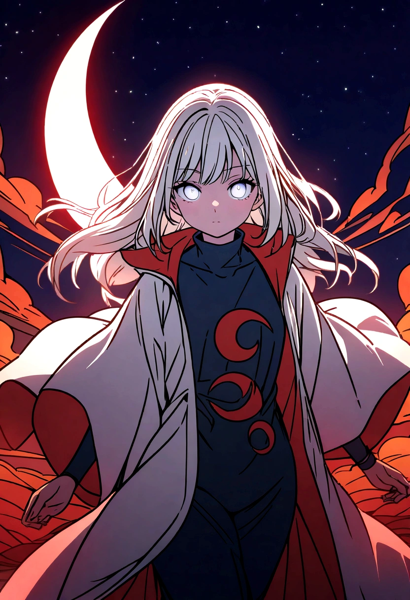 (art), (best quality), ultra high resolution, professional art, ultra detailed, complex, detailed face, perfect lighting, 
white, 1 girl, white hair, (white eyes), akatsuki outfit, ninja, white cape, white coat, turtleneck, collarbone, head, night, night sky, crescent moon, 
red moon, outdoors, (cowboy shot, distant shot), part of hair bun, black hair, long hair,2d style render, no background, line art for coloring, 
drawings for kids, cool coloring pages, 
coloring book art, coloring book page style vector lines, 8k