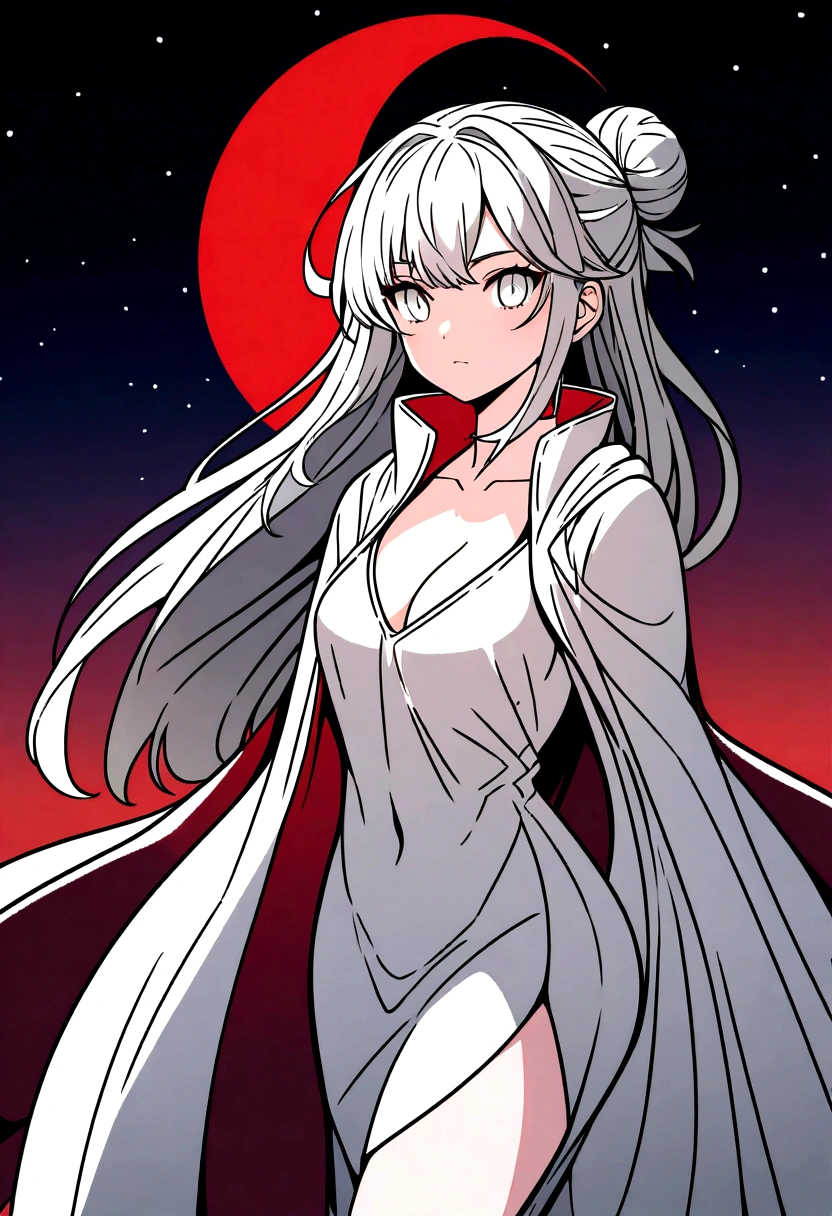 (art), (best quality), ultra high resolution, professional art, ultra detailed, complex, detailed face, perfect lighting, 
white, 1 girl, white hair, (white eyes), akatsuki outfit, ninja, white cape, white coat, turtleneck, collarbone, head, night, night sky, crescent moon, 
red moon, outdoors, (cowboy shot, distant shot), part of hair bun, black hair, long hair,2d style render, no background, line art for coloring, 
drawings for kids, cool coloring pages, 
coloring book art, coloring book page style vector lines, 8k