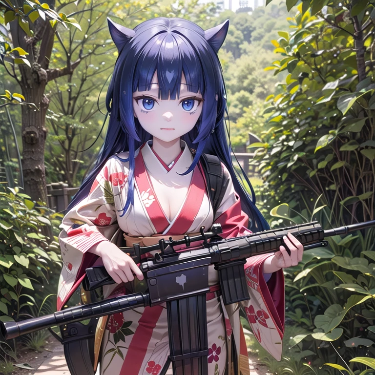 (Fox Girl, Fox Ears, Black colored hair, Fox Makeup, One Girl, Long Hair:1.6), (kimono, Kimono with open chest, A beautiful kimono with red and black patterns, I can see her cleavage, Open chest, Skin is visible:1.8), (Body measurements are 75-60-75!, Young girl body, Small breasts, Small breasts, Emphasize the chest, Sniper stance, Ready your gun?,Colt M16A2 rifle:1.9), Avatar, face, lewd face, Dominant representation, naughty face, Uplifting, Skin Texture, outside, Grassy field