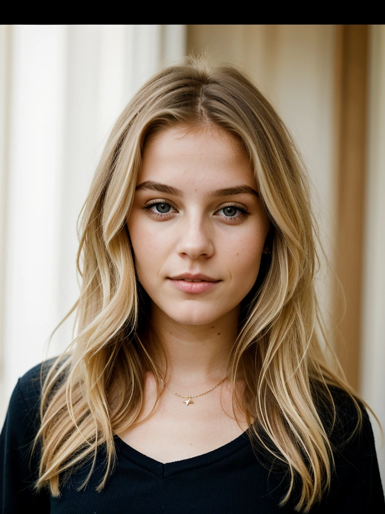 Le portrait réaliste d'une jeune fille de 22 ans.
Elle a des long cheveux blonds.
Elle est belle et possède des lèvres pulpeuses.