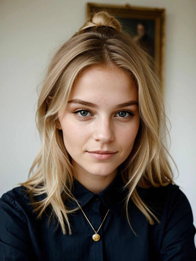 Le portrait réaliste d'une jeune fille de 22 ans.
Elle a des long cheveux blonds.
Elle est belle et possède des lèvres pulpeuses.