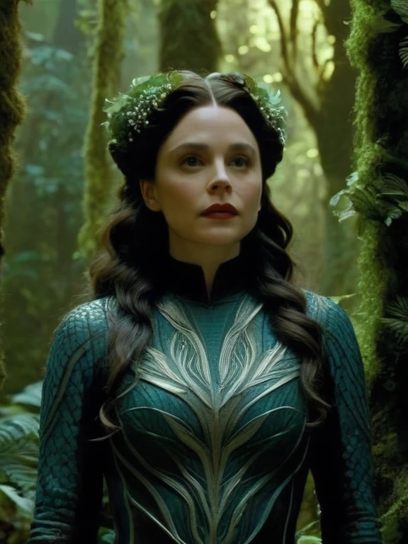 cinematic still, filmed by Guillermo del Toro, Amidst a deep dark forest, an enigmatic being appears--an amalgamation of flora and fauna, with vines for hair, eyes gleaming like embers, and skin adorned with iridescent scales