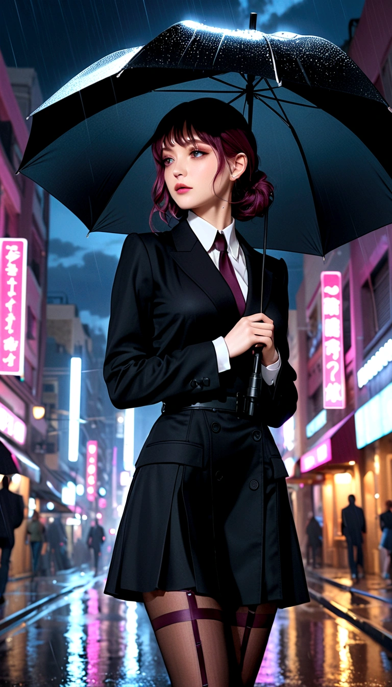 (1 Girl), masterpiece, photoPractical, 8K, (Practical: 1.2), whole body, Looking at the audience, Pantyhose, Purple Hair, Double tail, (Kafka: 1.2), walk, beauty, (Medium breasts: 1.2) night, night sky, City, Cityscape, rain, (dramatic: 1.2)