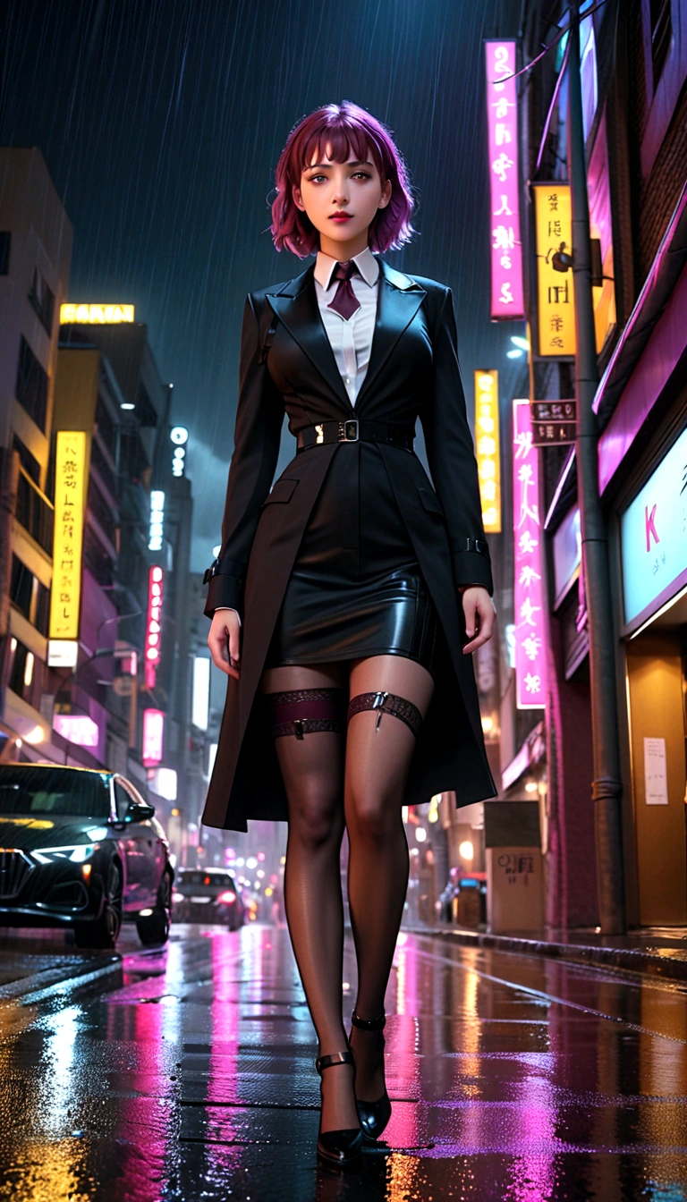 (1 Girl), masterpiece, photoPractical, 8K, (Practical: 1.2), whole body, Looking at the audience, Pantyhose, Purple Hair, Double tail, (Kafka: 1.2), walk, beauty, (Medium breasts: 1.2) night, night sky, City, Cityscape, rain, (dramatic: 1.2)