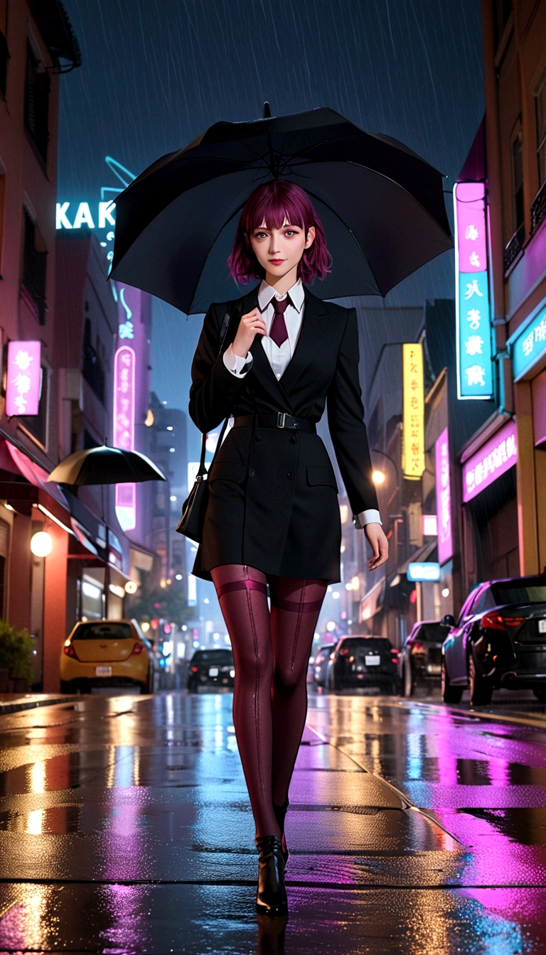 (1 Girl), masterpiece, photoPractical, 8K, (Practical: 1.2), whole body, Looking at the audience, Pantyhose, Purple Hair, Double tail, (Kafka: 1.2), walk, beauty, (Medium breasts: 1.2) night, night sky, City, Cityscape, rain, (dramatic: 1.2)