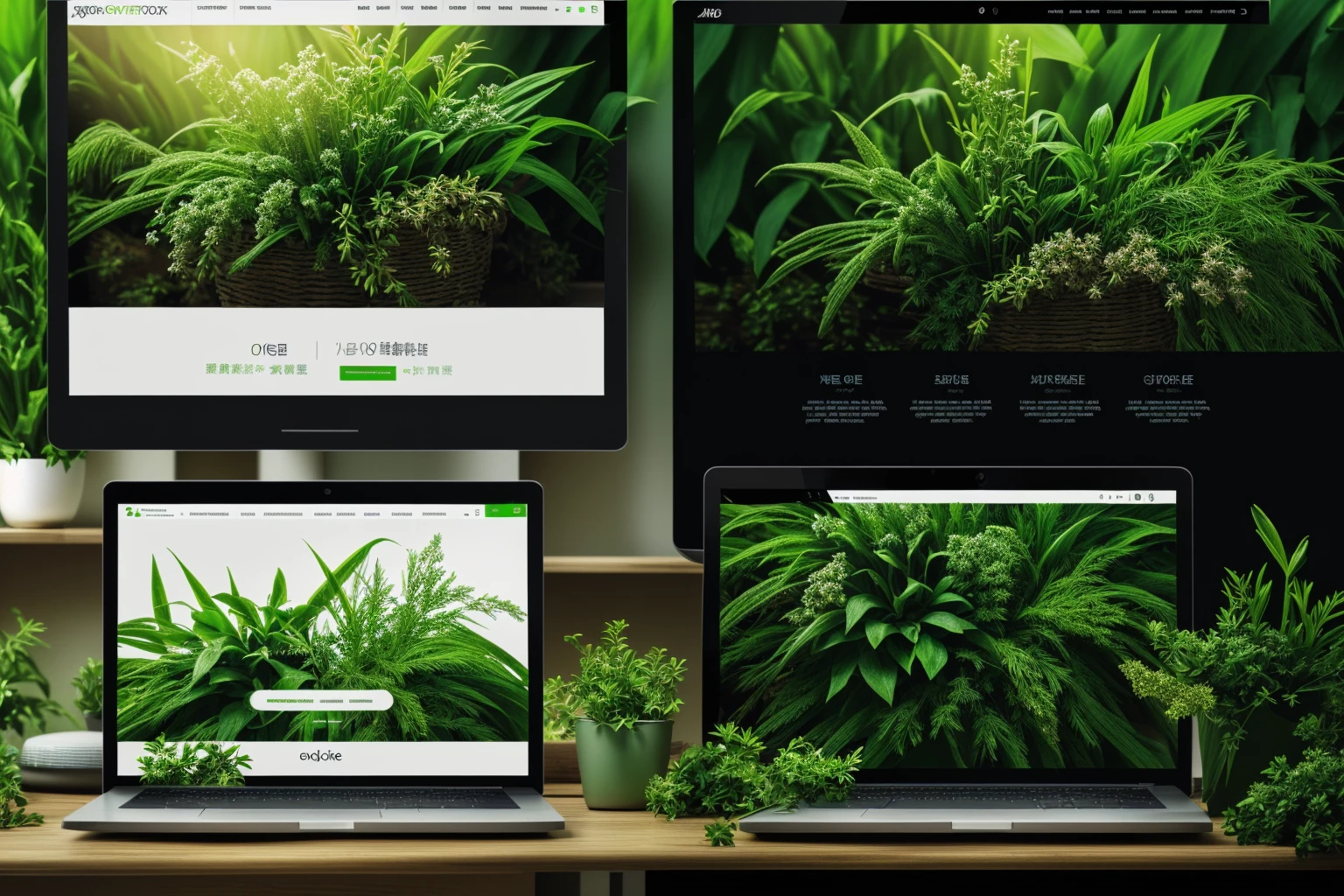 Laptop and、Various images of laptop screens with plants, 受賞歴のあるweb design, Green theme, web design, Green Theme, Green and warm theme, High-resolution screenshots, Organic Isometric Design, green and black color scheme, The Best of Adobe Stock, graphic templates, widescreen shot, Black and green scheme, Eco-friendly themes, packshot, Herbs