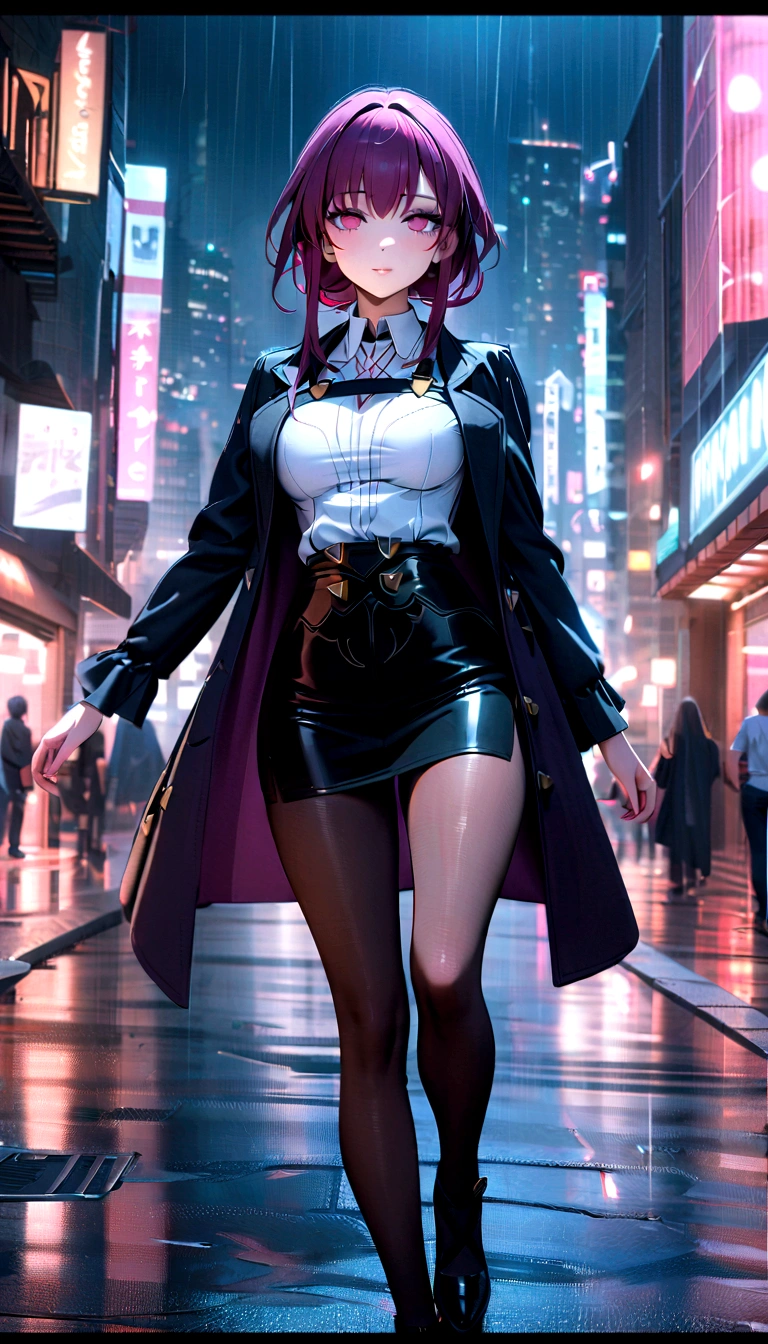 (1 Girl), masterpiece, photoPractical, 8K, (Practical: 1.2), whole body, Looking at the audience, Pantyhose, Purple Hair, Double tail, (Kafka: 1.2), walk, beauty, (Medium breasts: 1.2) night, night sky, City, Cityscape, rain, (dramatic: 1.2)