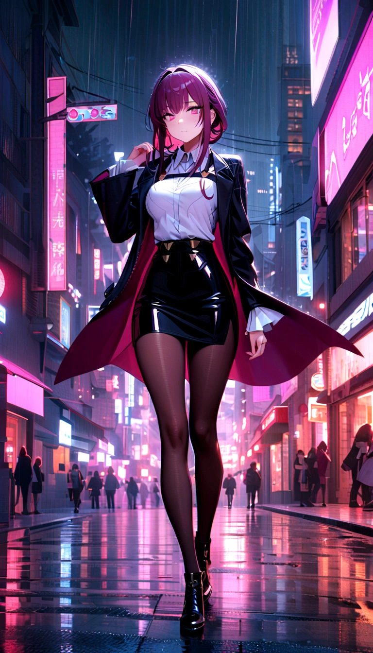 (1 Girl), masterpiece, photoPractical, 8K, (Practical: 1.2), whole body, Looking at the audience, Pantyhose, Purple Hair, Double tail, (Kafka: 1.2), walk, beauty, (Medium breasts: 1.2) night, night sky, City, Cityscape, rain, (dramatic: 1.2)