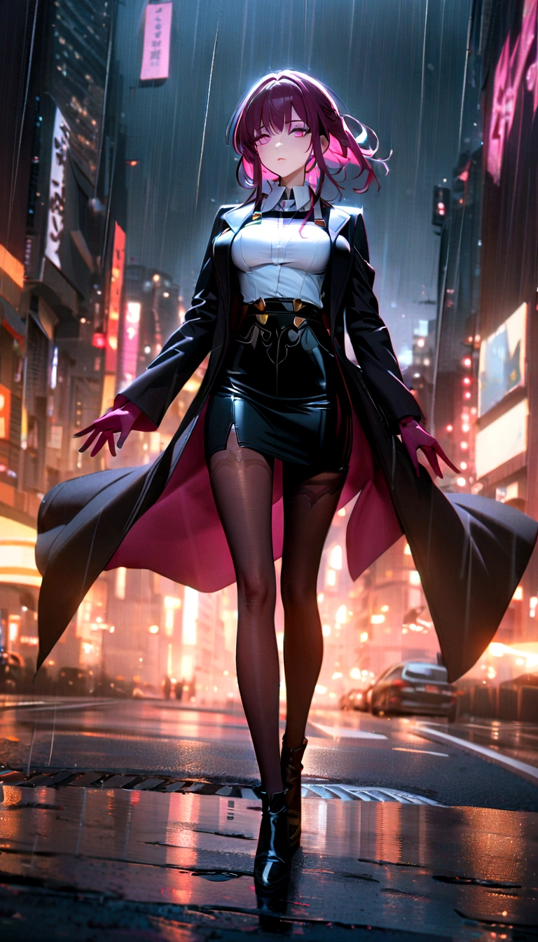 (1 Girl), masterpiece, photoPractical, 8K, (Practical: 1.2), whole body, Looking at the audience, Pantyhose, Purple Hair, Double tail, (Kafka: 1.2), walk, beauty, (Medium breasts: 1.2) night, night sky, City, Cityscape, rain, (dramatic: 1.2)