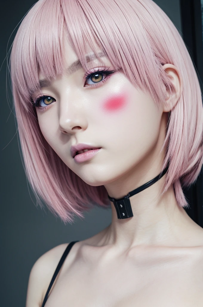 Tokyo ghoul style anime character, face with marked and somewhat feminine features, a marked jaw, pastel pink lips, dominant eyes and white, clean skin