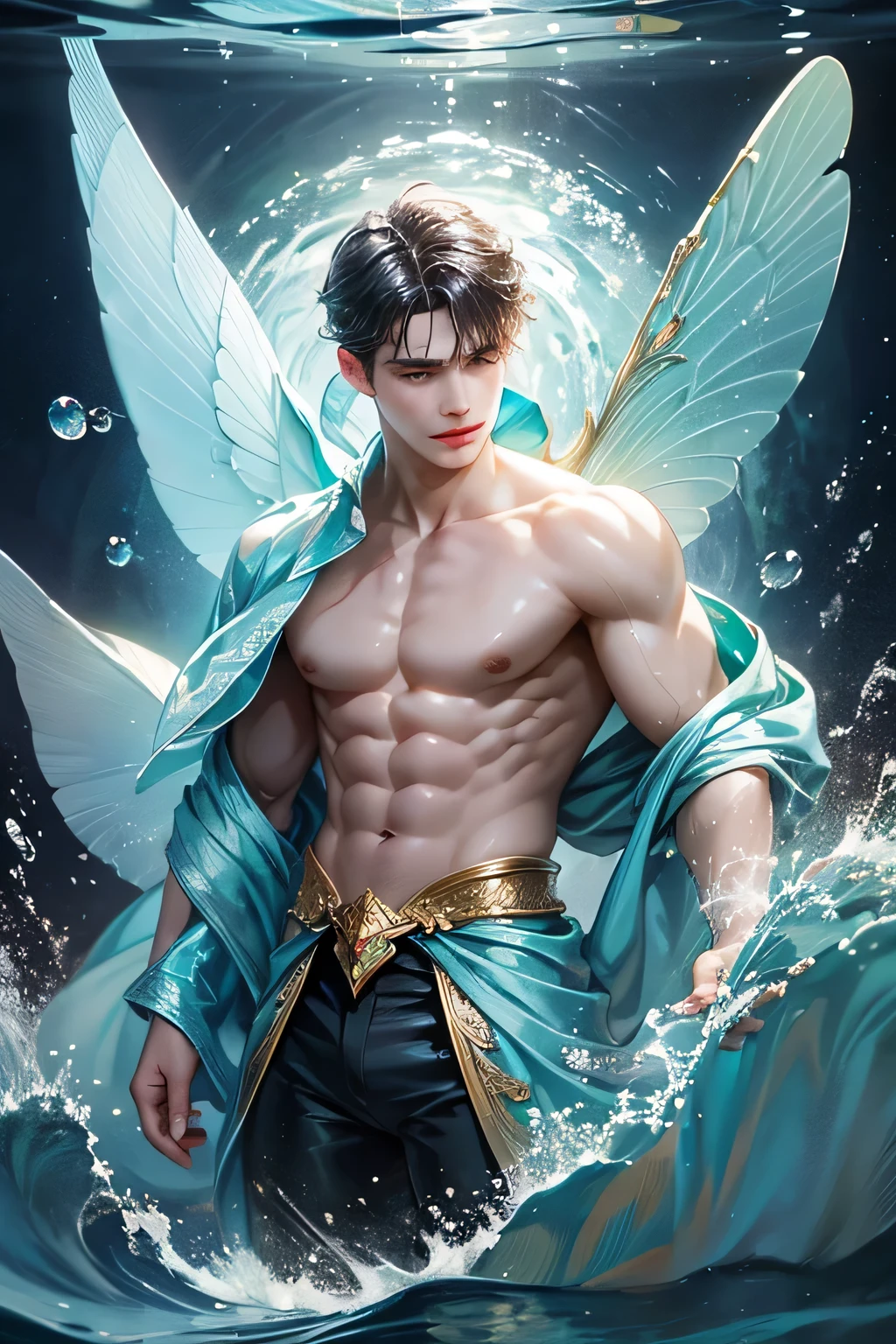 "Craft a captivating digital illustration featuring a handsome male fairy adorned with magnificent, iridescent wings reminiscent of glistening water droplets. Highlight his command over the element of water with cascading waves and gentle ripples flowing around him, evoking a sense of serene power. Incorporate a distinct water fairy symbol, emblazoned upon him, symbolizing his connection to the watery depths and mastery over aquatic forces."