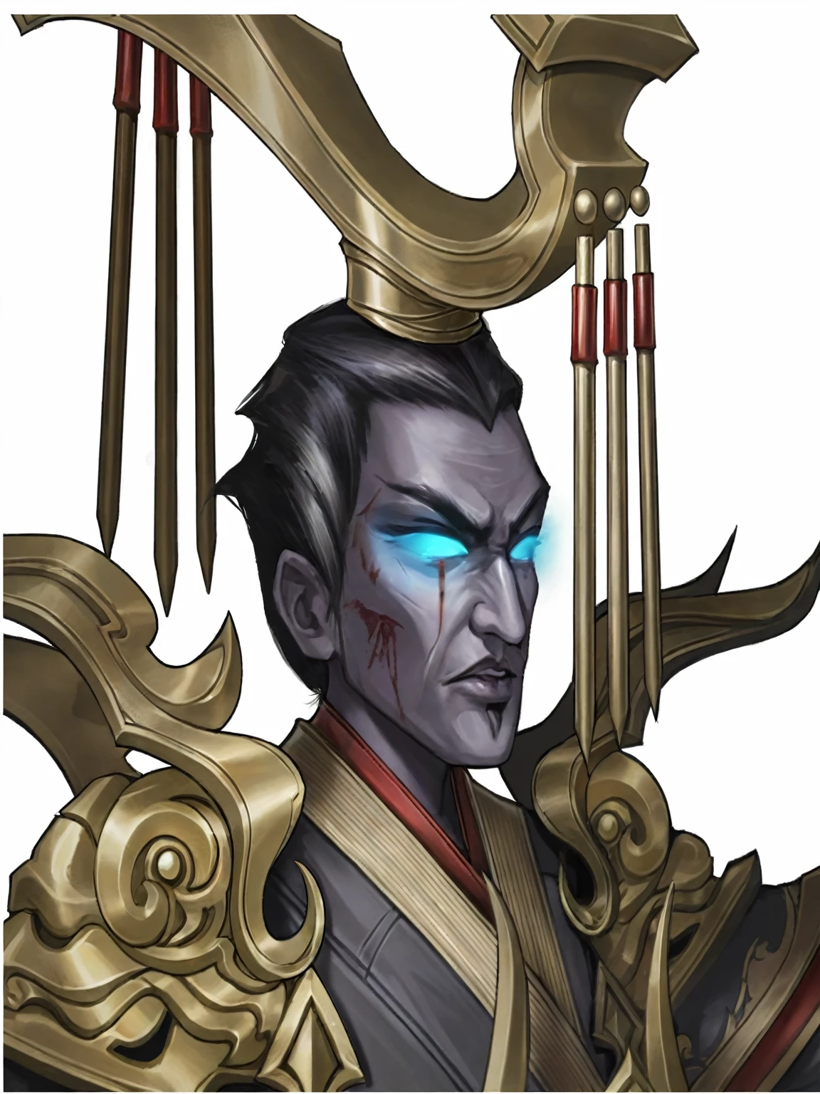 Emperor Qin Shihuang,Abstract Style:1.1, Dark background,Clear focus,Inner Violence,Bright colors,high resolution,Studio Lighting,Extremely detailed description,Physically Based Rendering,fear,Red embellishment,ominous lighting,Threatening expressions,Sinister atmosphere,Powerful and sophisticated weapons, Blood splatter,Smile,Shocking existence,Dramatic shadows.Blue light in the eyes,Bloodless skin,Bronze sword in hand,Bronze rust marks,Zombies,Zombies,hurt,Emperor's hat。Golden armor,Gray robe clothes,