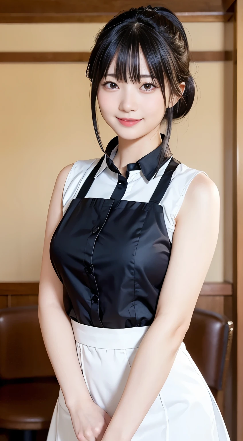 (Highest quality,masterpiece:1.3,Ultra-high resolution,),(Very detailed,Caustics),(Realistic:1.4,RAW shooting,)Ultra-Realistic Capture,Very detailed,High resolution 16k human skin closeup。 Natural skin texture、,pores、、、、It must be detailed enough to be easily identifiable。 Skin tone is even and healthy looking。 Use natural light and color,restaurant,Waitress Uniform,1 girl,Japanese,18-year-old,cute,Black-haired,ponytail,Big Breasts,smile,Turn your body forward,(Front view:1.1),Looking into the camera,Cowboy Shot,