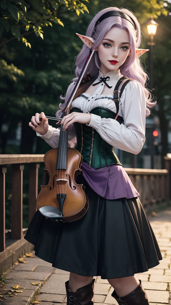 Irish woman, anime, modest, beautiful, high quality, night, 8k, long waist length light pale purple hair, green eyes, red lips, eyelashes, 1700 century black skirt, corset, white blouse, boots, elf ears, violin