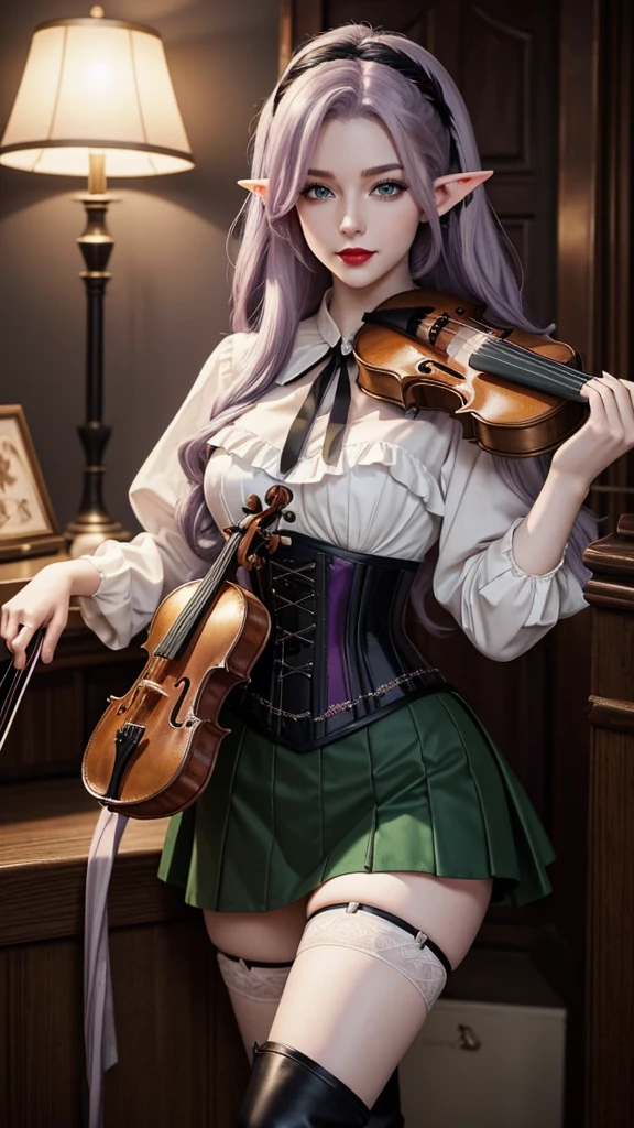 Irish woman, anime, modest, beautiful, high quality, night, 8k, long waist length light pale purple hair, green eyes, red lips, eyelashes, 1700 century black skirt, corset, white blouse, boots, elf ears, violin