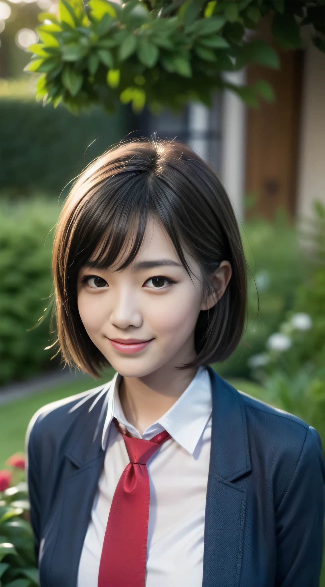 1 Girl, (White collared shirt and long red tie, Navy blue jacket:1.3), Very beautiful Japanese idol portraits, (RAW Photos, Highest quality), (Realistic, Photorealistic:1.4), (masterpiece), Very delicate and beautiful, Very detailed, 2k wallpaper, wonderful, finely, Very detailed CG Unity 8K 壁紙, Very detailedな, High resolution, Soft Light, Beautiful detailed girl, Very detailed目と顔, Beautiful and detailed nose, Finely beautiful eyes, Cinema Lighting, (in the garden:1.3), (short hair), (Parted bangs), Complete Anatomy, Slender body, Small breasts, smile