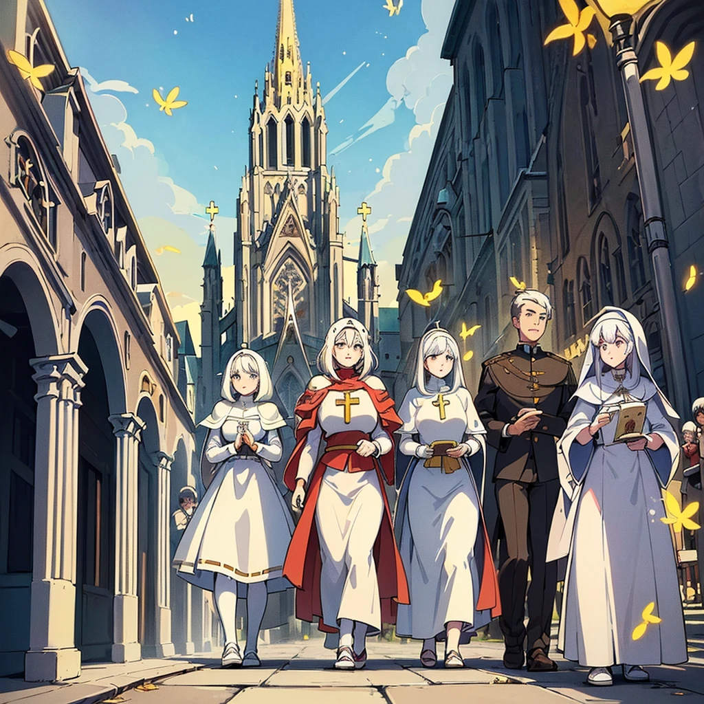 (((Cartoon style illustration of a group of white knights on the street in front of the cathedral))), [ On the left are two white-haired female shrine maidens. ], [ Two men with white hair on the right ], (((A huge church in the background))), (Shining Cross), ((Bright sunny day)), Leaves flutter, Yellow leaf tree, Light and Fireflies, from Girls&#39; Frontline, Girls&#39; Frontline cg, Girls&#39; Frontline style, Girls&#39; Frontline universe, Fine details, Girls&#39; Frontlinem m4 sopmod ii Girls&#39; Frontline, Kashert Kenz, Girls&#39; Frontline, From Arknights, artstation pixivでトレンド