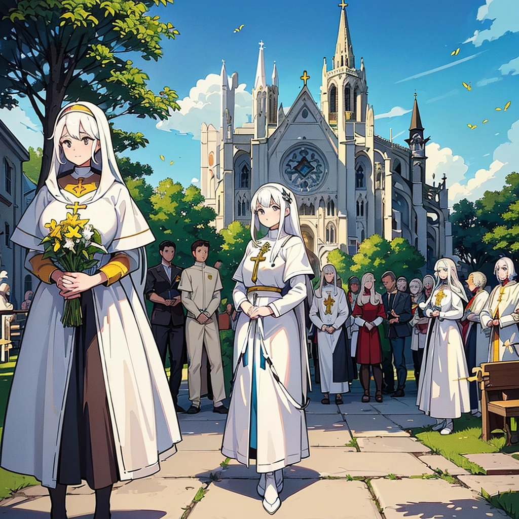 (((Cartoon style illustration of a group of white knights on the street in front of the cathedral))), [ On the left are two white-haired female shrine maidens. ], [ Two men with white hair on the right ], (((A huge church in the background))), (Shining Cross), ((Bright sunny day)), Leaves flutter, Yellow leaf tree, Light and Fireflies, from Girls&#39; Frontline, Girls&#39; Frontline cg, Girls&#39; Frontline style, Girls&#39; Frontline universe, Fine details, Girls&#39; Frontlinem m4 sopmod ii Girls&#39; Frontline, Kashert Kenz, Girls&#39; Frontline, From Arknights, artstation pixivでトレンド
