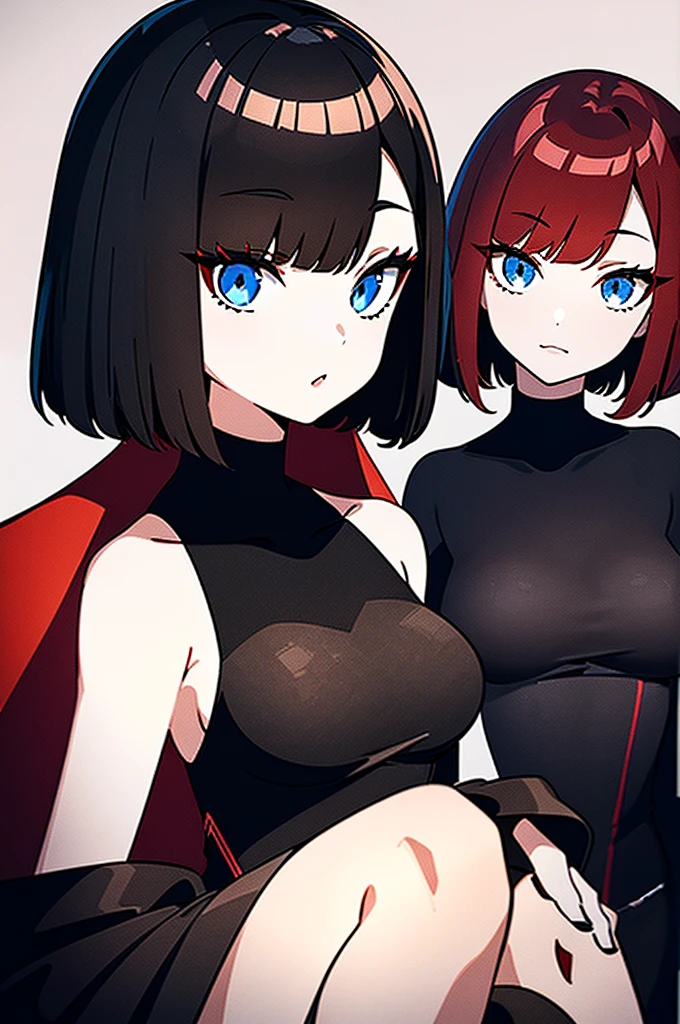 a beautiful girl with red hair wearing a black dress, detailed facial features, bob haircut, full body illustration, woman wearing a long black and red coat, solo character, white background, anime style, highly detailed, photorealistic, 8k, best quality, masterpiece, blue eyes, short hair