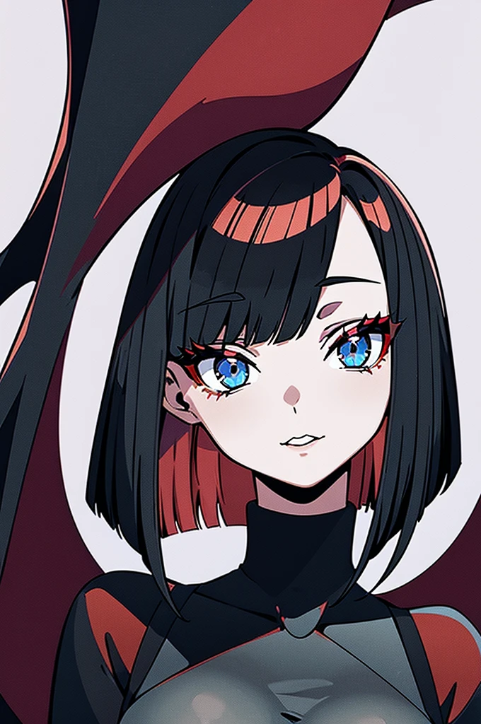 a beautiful girl with red hair wearing a black dress, detailed facial features, bob haircut, full body illustration, woman wearing a long black and red coat, solo character, white background, anime style, highly detailed, photorealistic, 8k, best quality, masterpiece, blue eyes, short hair