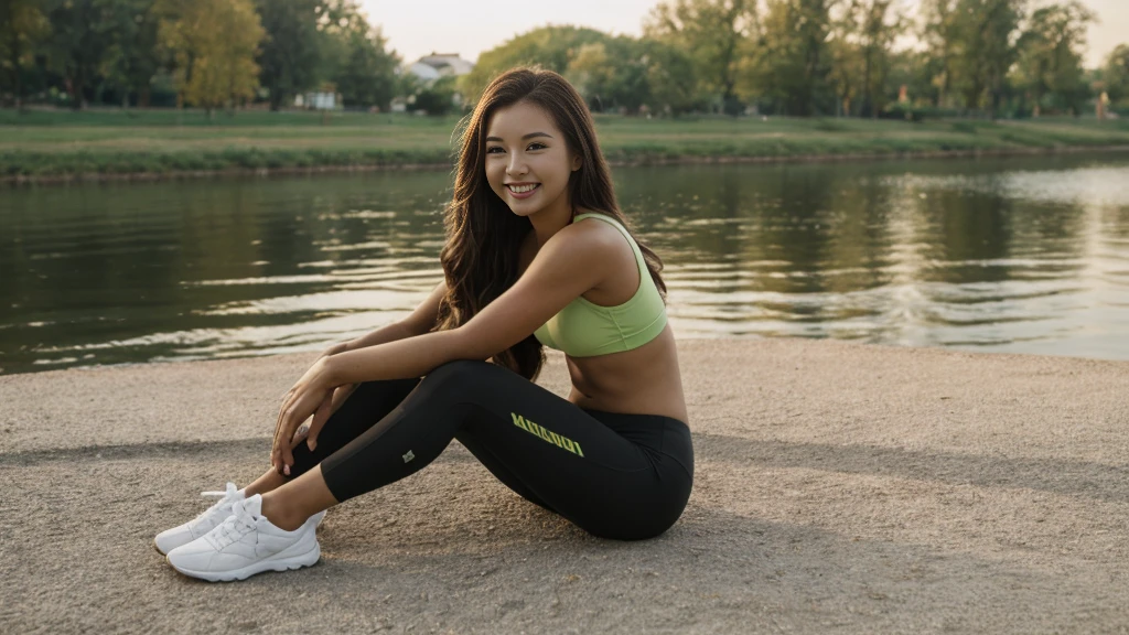 best quality, masterpiece, 8K, Ultra-high resolution, (Reality:1.4), 1 girl、Beautiful expression、Symmetrical eyes、Small Breasts、Perfect body proportions、trainingwear、Good exercise、Unbutton your chest、laughter、Looking at the audience、outdoor、River bank、Long legs(1.3)、Dark brown long hair、Smile、Lying by the pool，Lying position