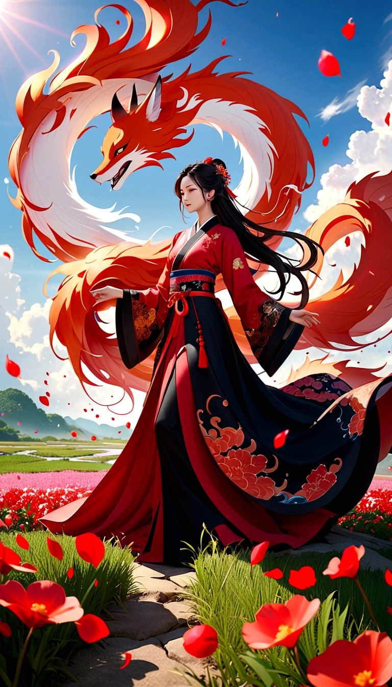 (Mythical Beast), Nine-tailed Fox, Dynamic body shape, (Chinese Monster), Handsome, splashed Ink, Chinese, 1 Girl, ((whole body), ((2.5D)), Flowing hair, Double tail, beautiful eyes, Exquisite eyes, Delicate silhouette, Fantasy Art, (Black and red ancient brocade Hanfu), Field of view, (masterpiece), front Photo, Profile portrait, White background, (poster), sharp, splash, cloud, petal, Empty, Sky, (Wide-angle lens), Vista