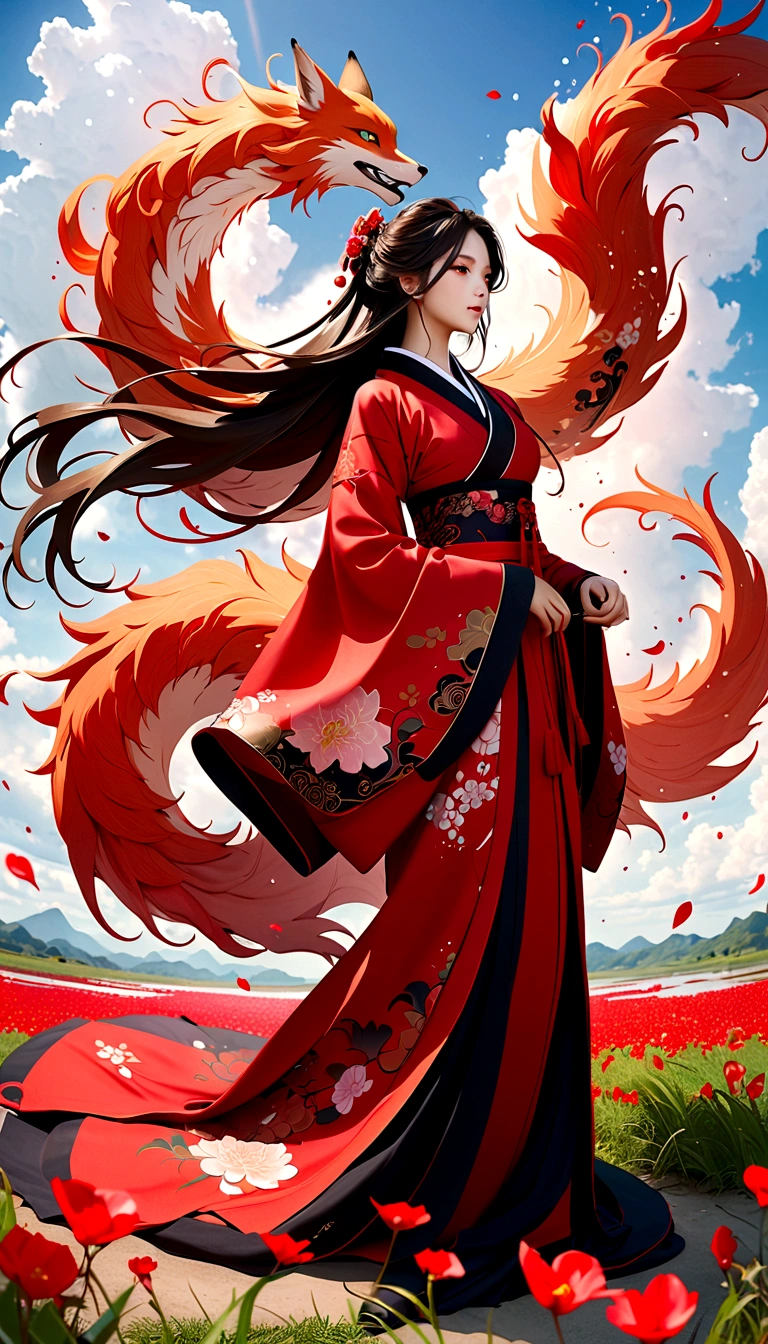 (Mythical Beast), Nine-tailed Fox, Dynamic body shape, (Chinese Monster), Handsome, splashed Ink, Chinese, 1 Girl, ((whole body), ((2.5D)), Flowing hair, Double tail, beautiful eyes, Exquisite eyes, Delicate silhouette, Fantasy Art, (Black and red ancient brocade Hanfu), Field of view, (masterpiece), front Photo, Profile portrait, White background, (poster), sharp, splash, cloud, petal, Empty, Sky, (Wide-angle lens), Vista